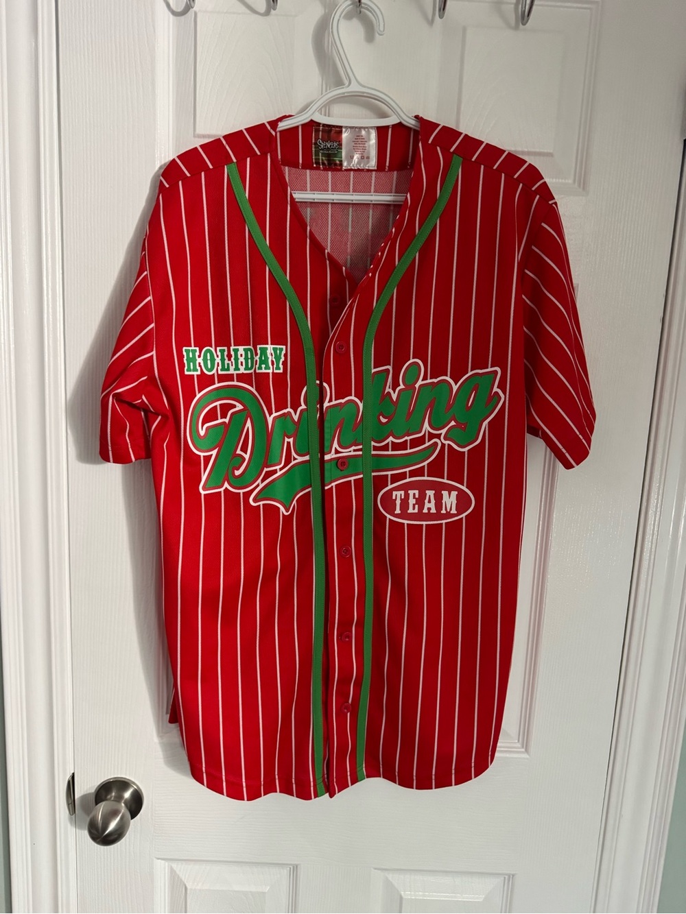 Spencer's Red Pinstripe "Holiday Drinking Team" Baseball Jersey - unisex